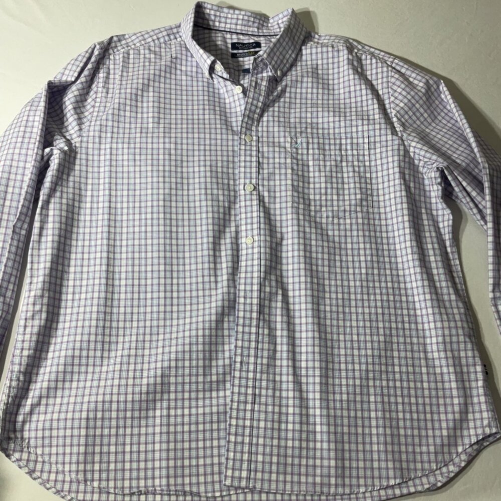 Nautica Mens Size XXL  Wrinkle Resistant Purple Checkered Long Sleeve Button-U